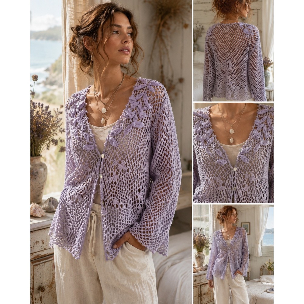 Modern Soul Linen Cotton Crochet Cardigan Lilac Boho Lagenlook 1X
